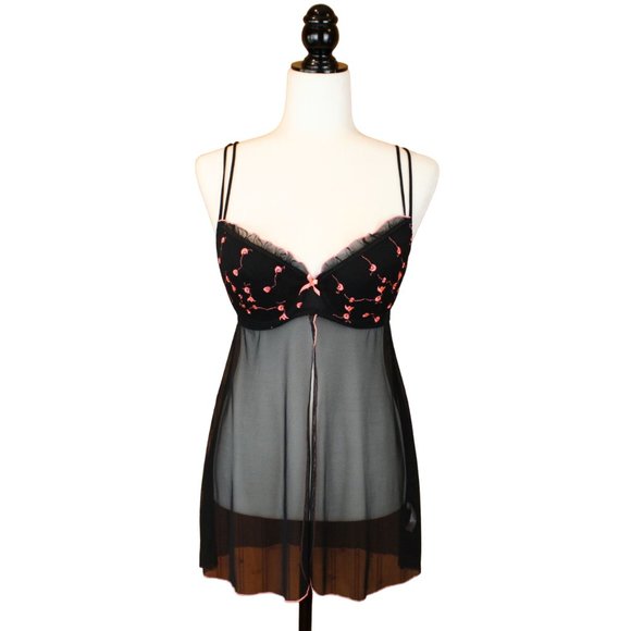 La Vie en Rose Bra Negligee Size Medium Black Pink Sheer Adjustable Straps B104 - Picture 1 of 7